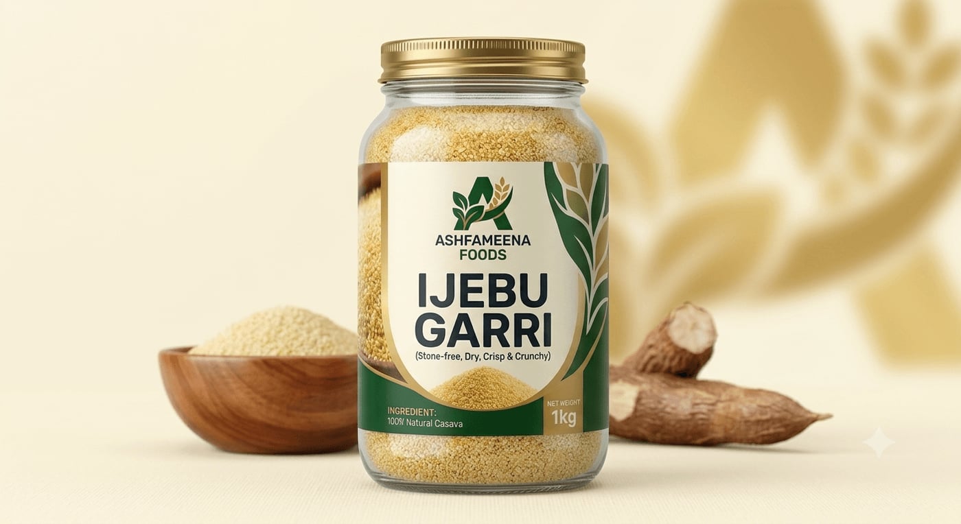 Ashfameena Foods packaging design showing product jars and labels in cream, green and bronze