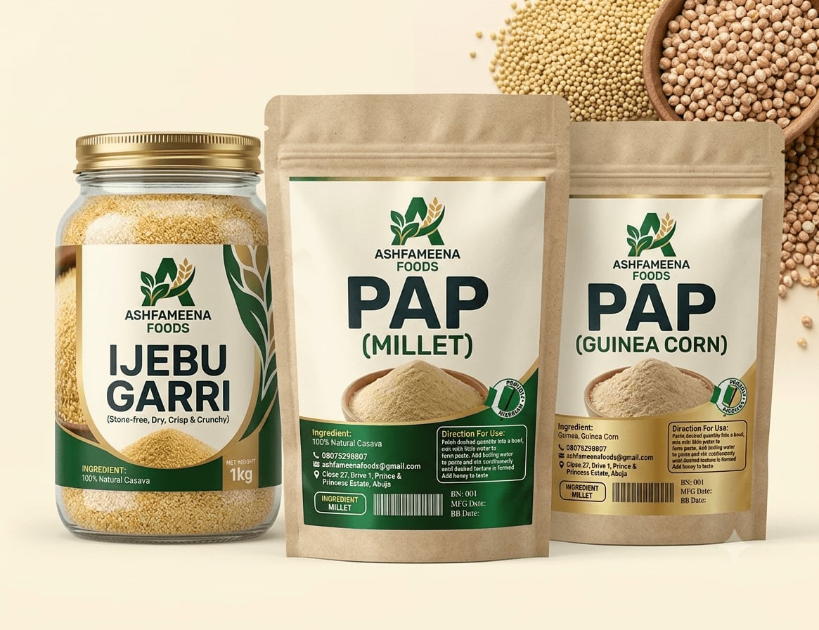 Ashfameena Foods packaging family showing labelled product containers